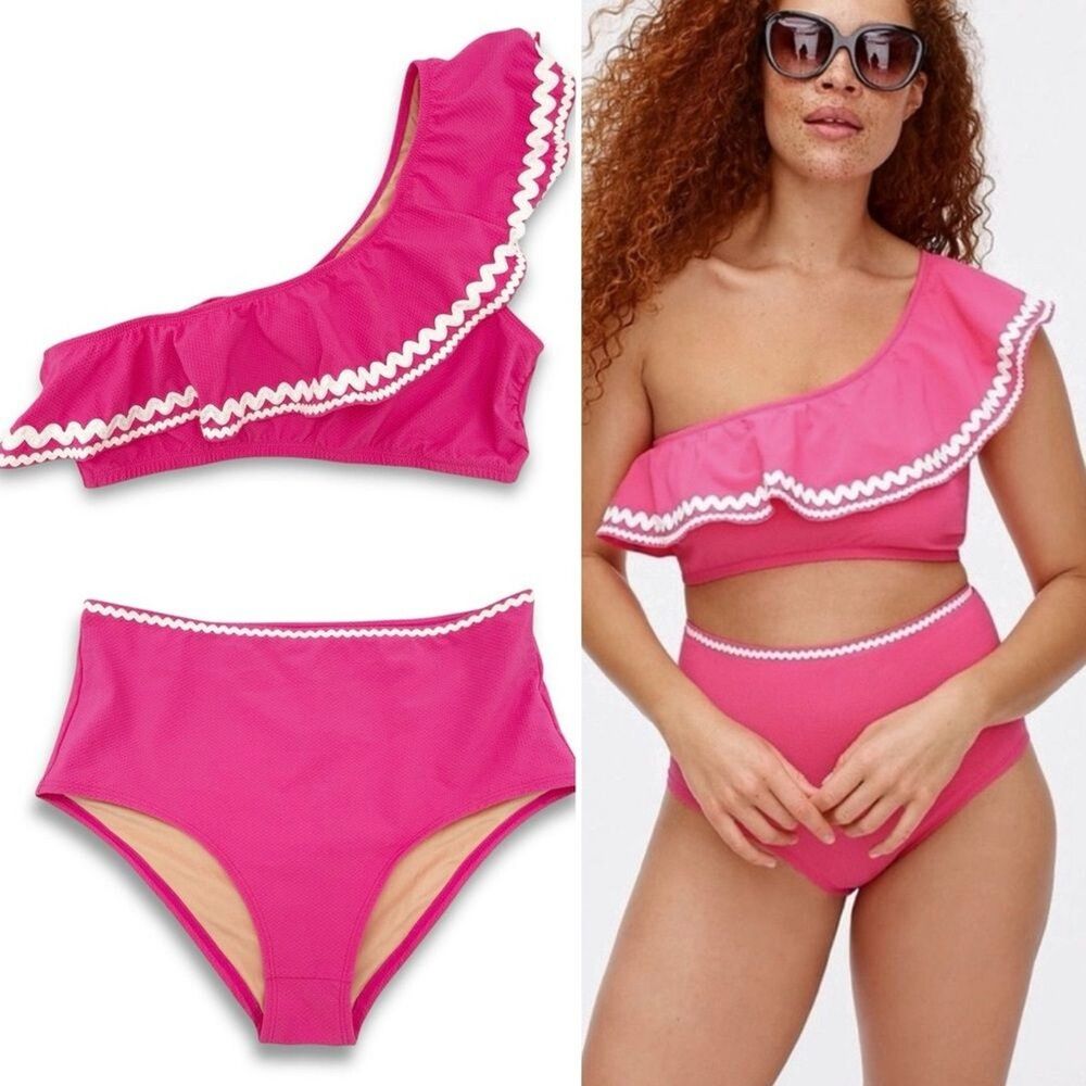 NWT J. Crew Sweet Briar Pink Ruffle Bikini Set Sz Small One Shoulder High Waist